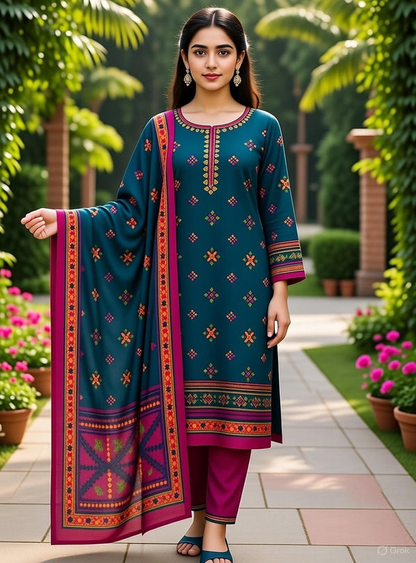 Abuzer Appliqué Printed Design Premium Full Suit with Voil Dupatta – 5 Stylish Color Variants