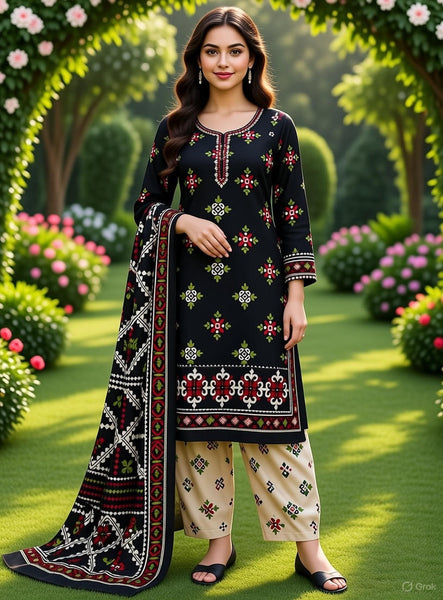 Abuzer Appliqué Printed Design Premium Full Suit with Voil Dupatta – 5 Stylish Color Variants